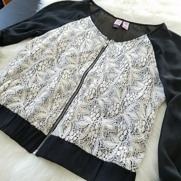 Bomber Jacket White Lace Body & Sheer Black Sleeve - Picture 5 of 8
